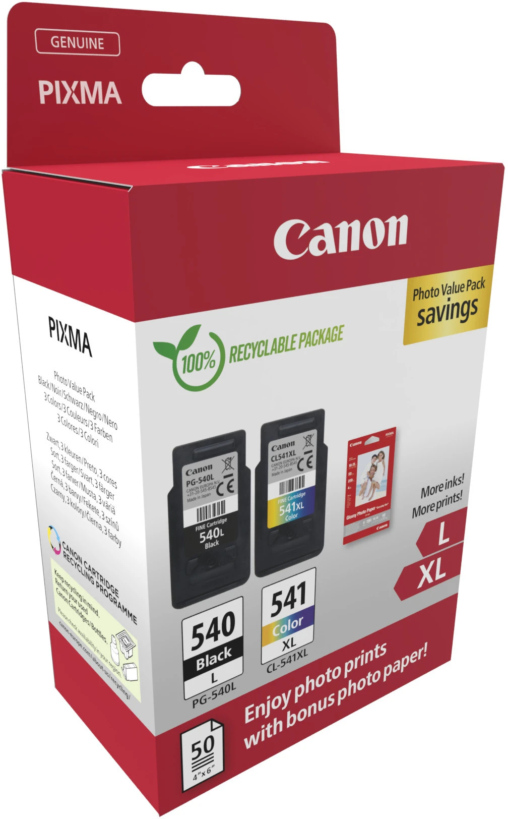 Canon Tintendruckkopf + Papier farbig, schwarz (5225B017, CL-541, PG-540)