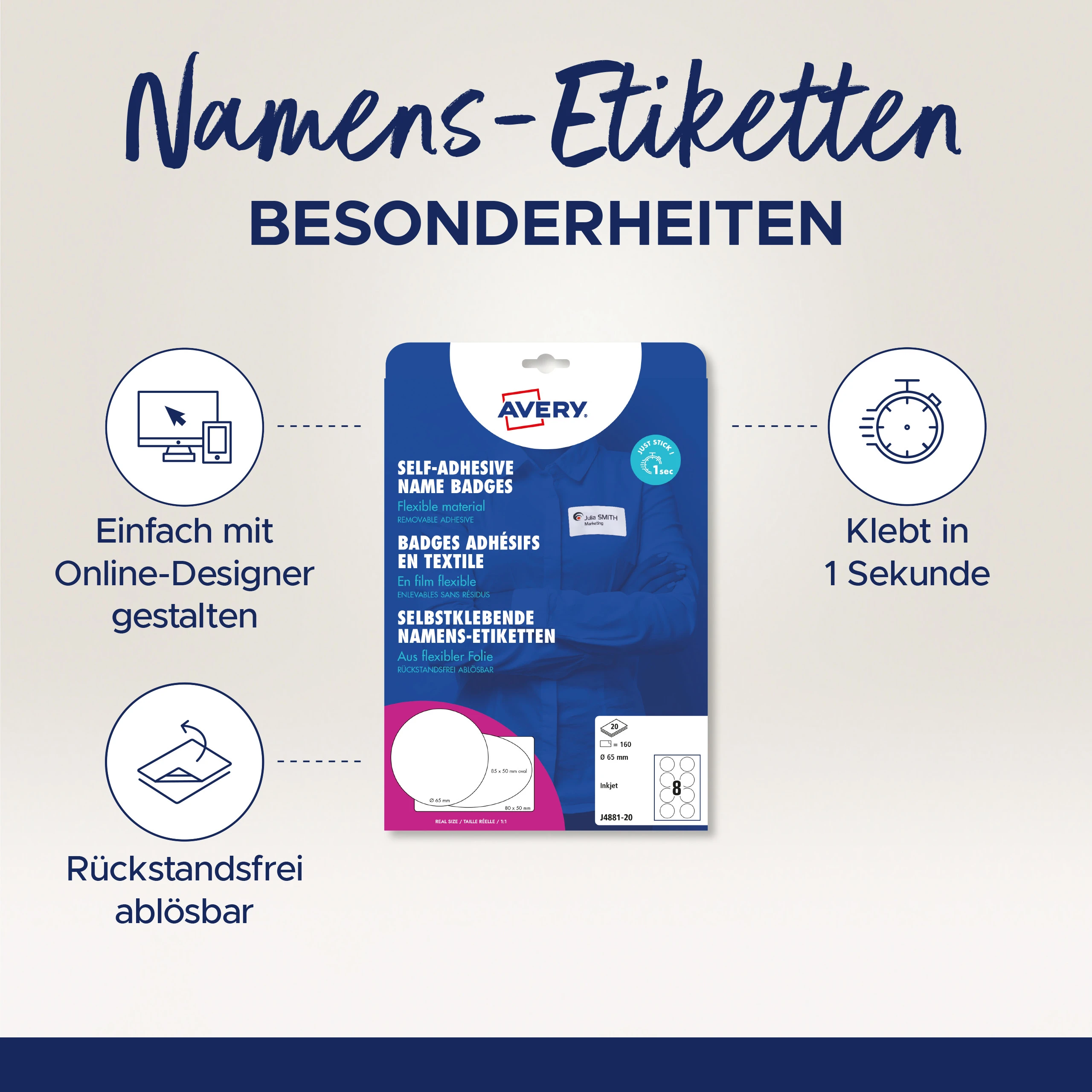 AVERY ZWECKFORM Namensetiketten 65mm J4881-20 weiss 20 Blatt/160 Stk.