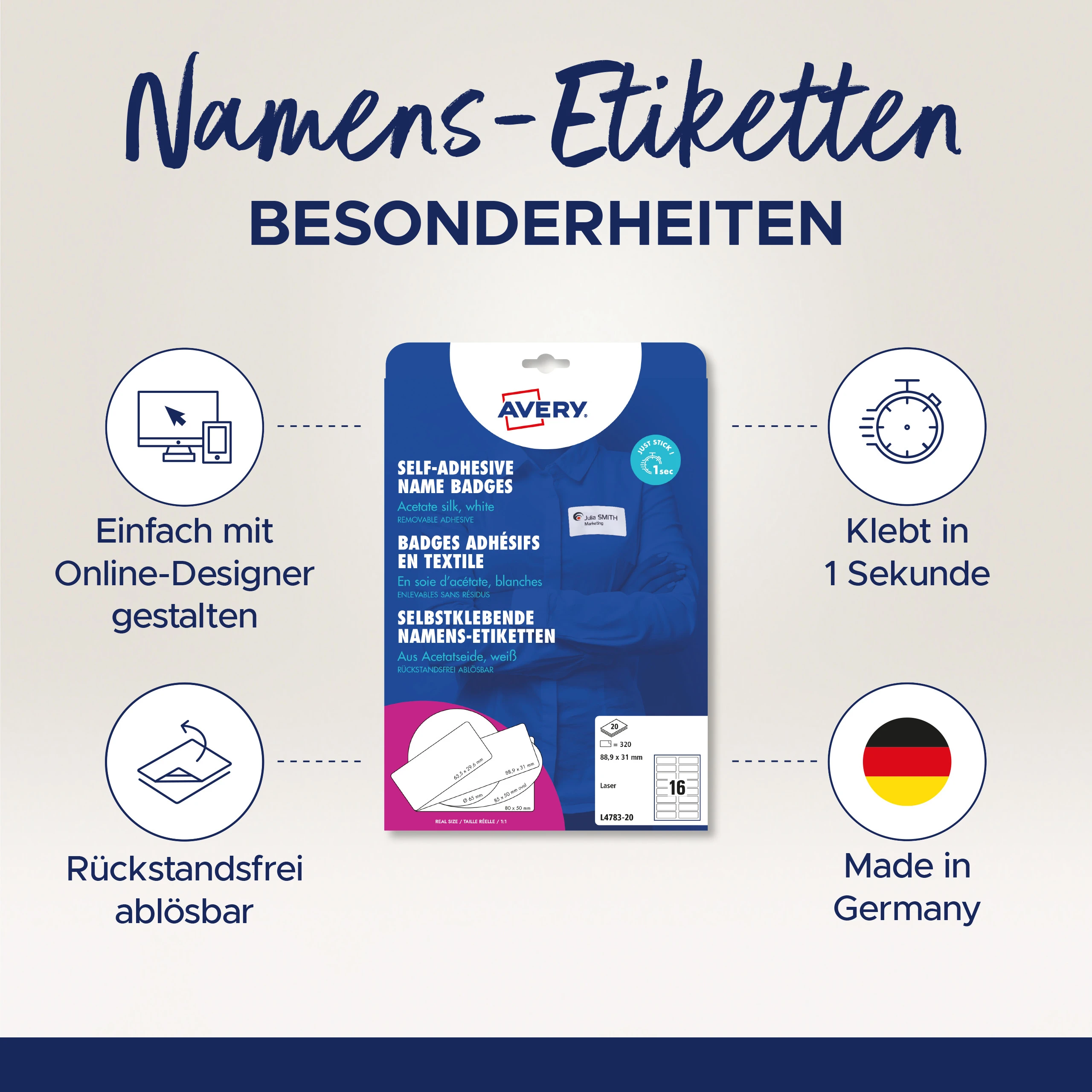 AVERY ZWECKFORM Namens-Etiketten 88,9x31mm L4783-20 weiss, Laser 20 Blatt