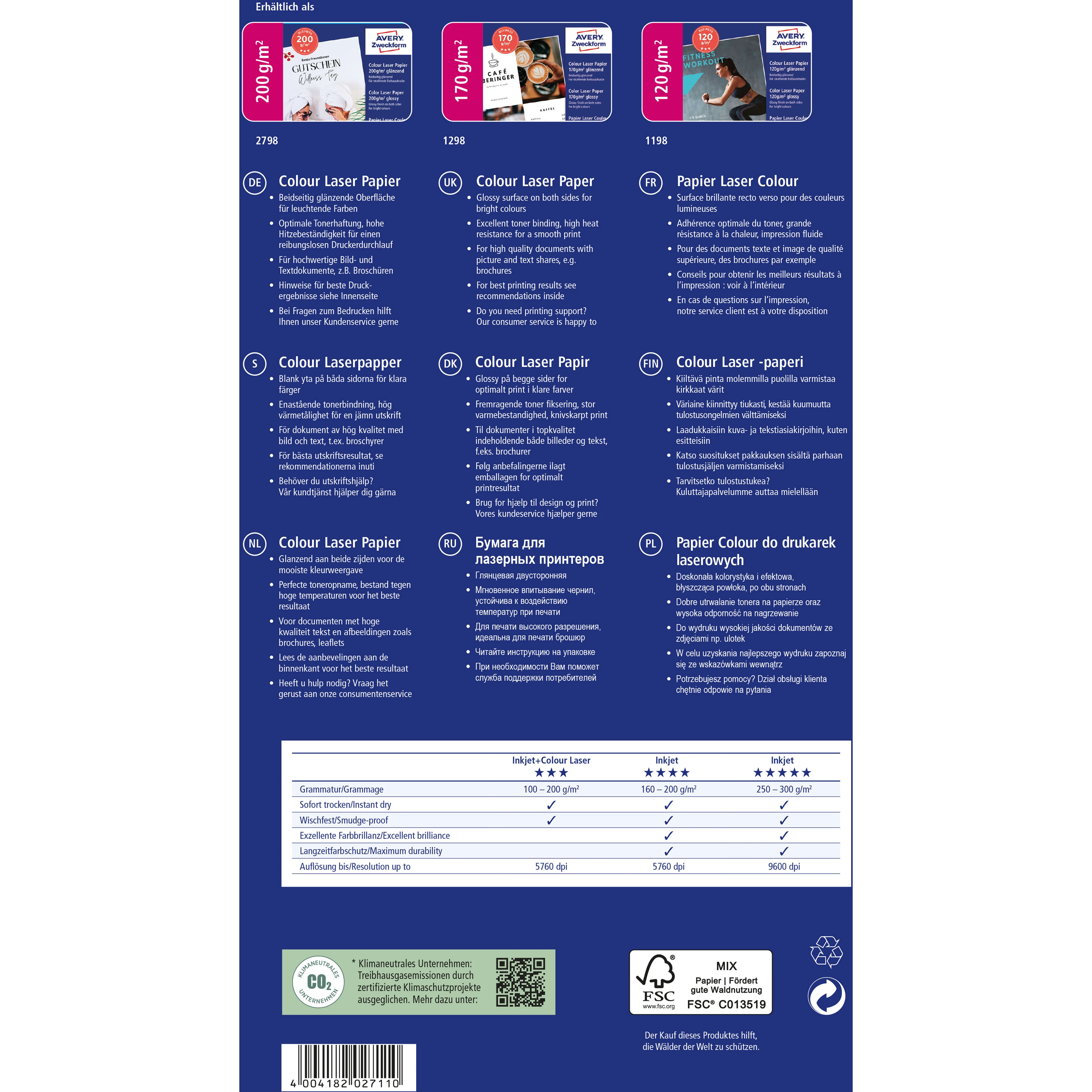 AVERY ZWECKFORM Laser Fotopapier A4 1298 170g, weiss 150 Blatt