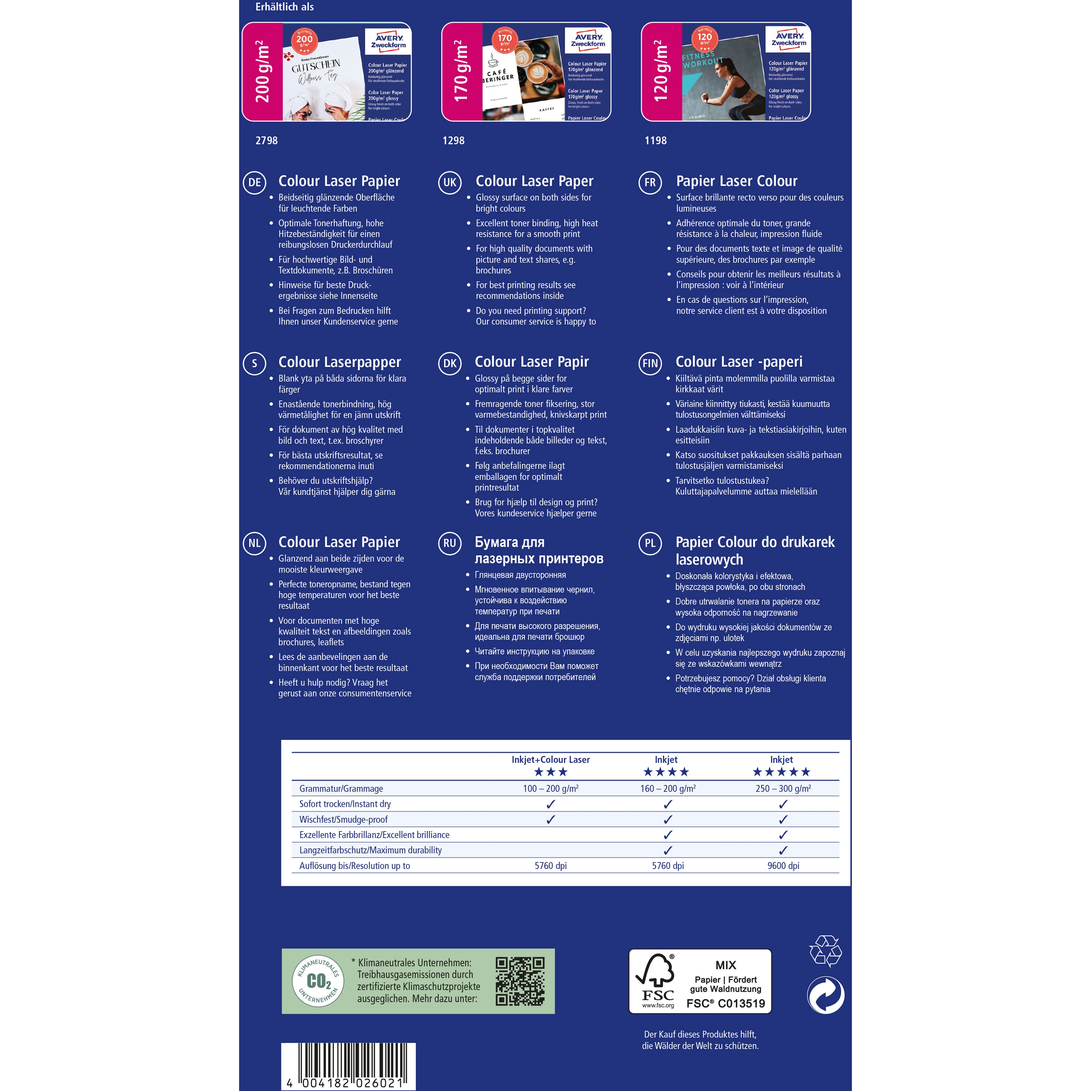AVERY ZWECKFORM Laser Fotopapier A4 2798 200g, weiss 100 Blatt